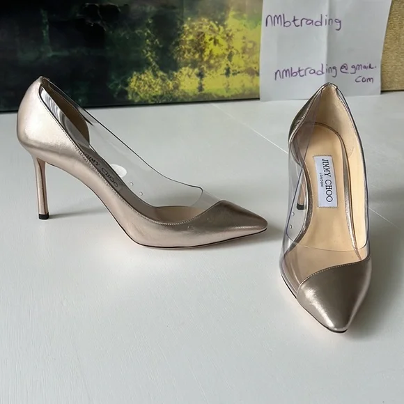 Jimmy Choo champagne color & plastic trim 8.5M(38.5) pointed toe classic pumps